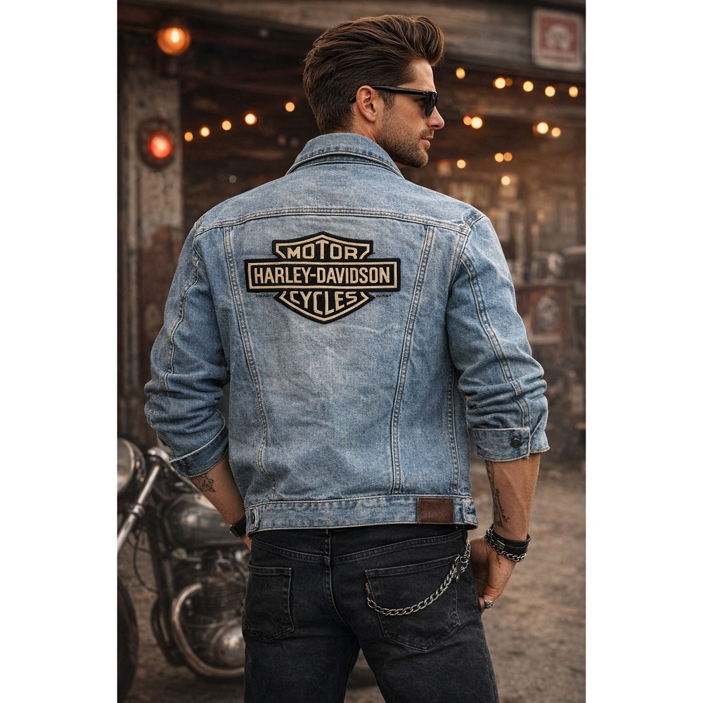 Vintage 90s Harley-Davidson‎ Biker Blues Denim Trucker Jacket LG Distressed Rip